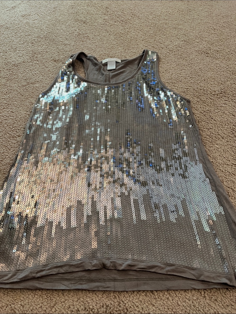 Design History Sequin Tank Top in Taupe with Iridescent Silver Sequins